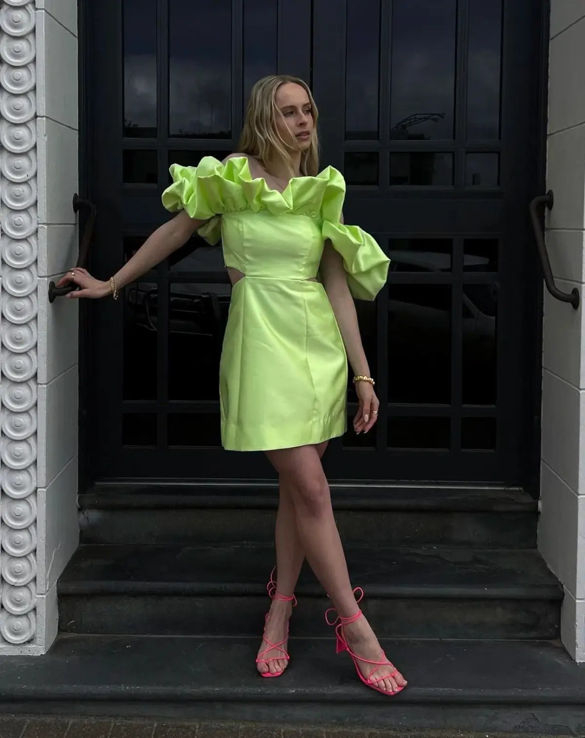 Alemais Suzi Off Shoulder Mini Dress in Chartreuse Size 8 photo 3