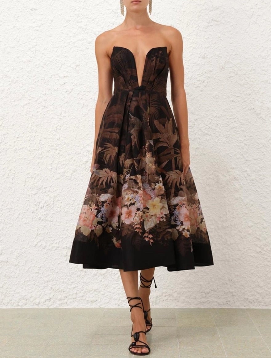 Zimmermann Illuminate Draped Midi Dress In Black Tropical photo 3