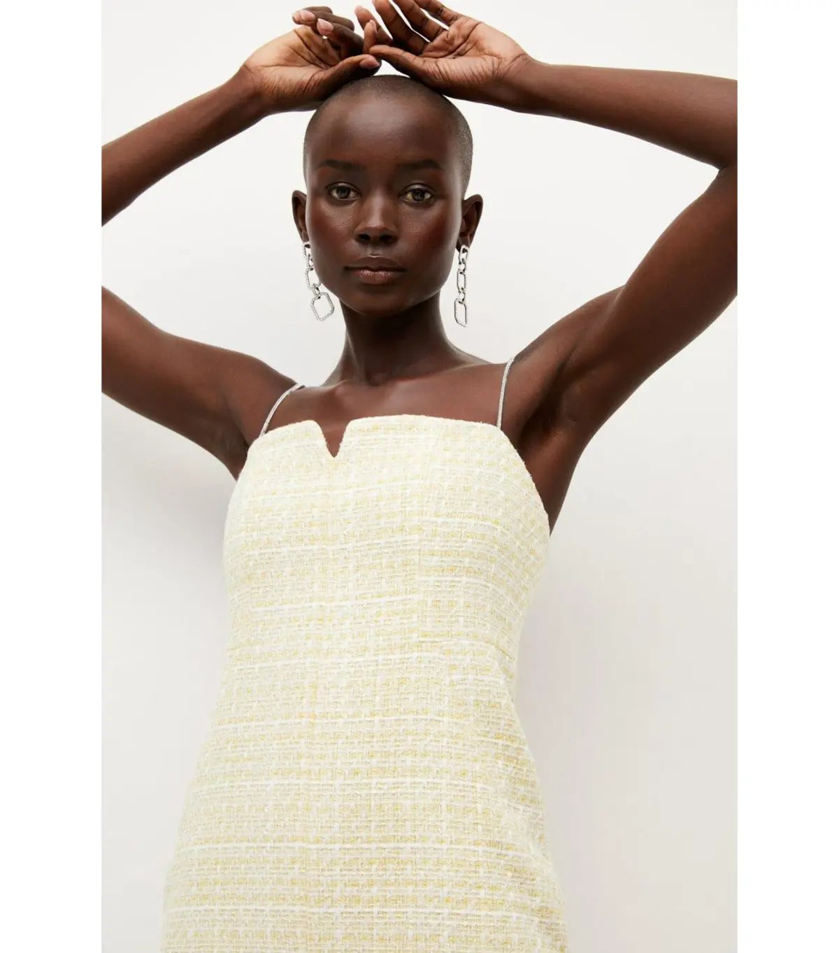 Karen Millen Tweed Chain Strap Feather Hem Midi Dress Yellow Size AU 10 photo 2