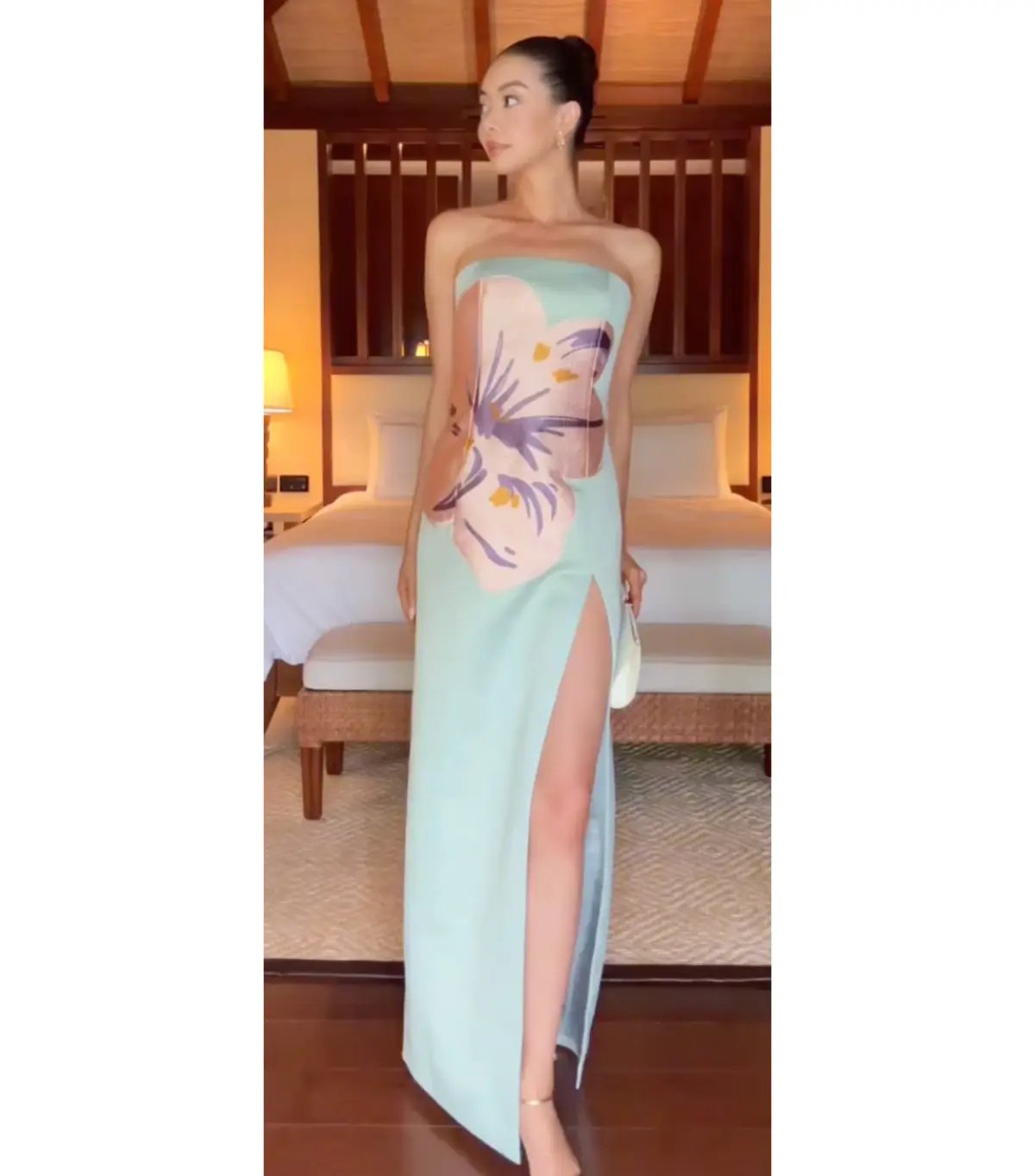 Leo Lin Clémence Embroidered Split Maxi Dress in Hibiscus in Pistachio Size AU 14 photo 2