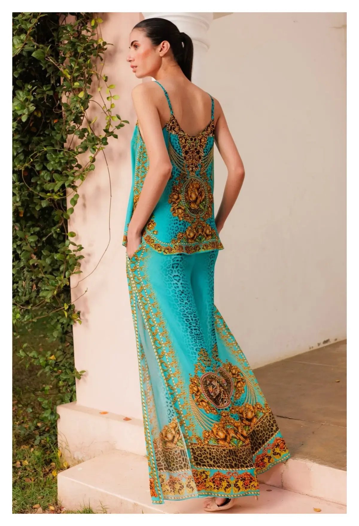 Czarina Aqua Leopardess Cami Top & Palazzo Pants with Side Slit Set Blue & Animal Print Size L/ AU12 photo 3