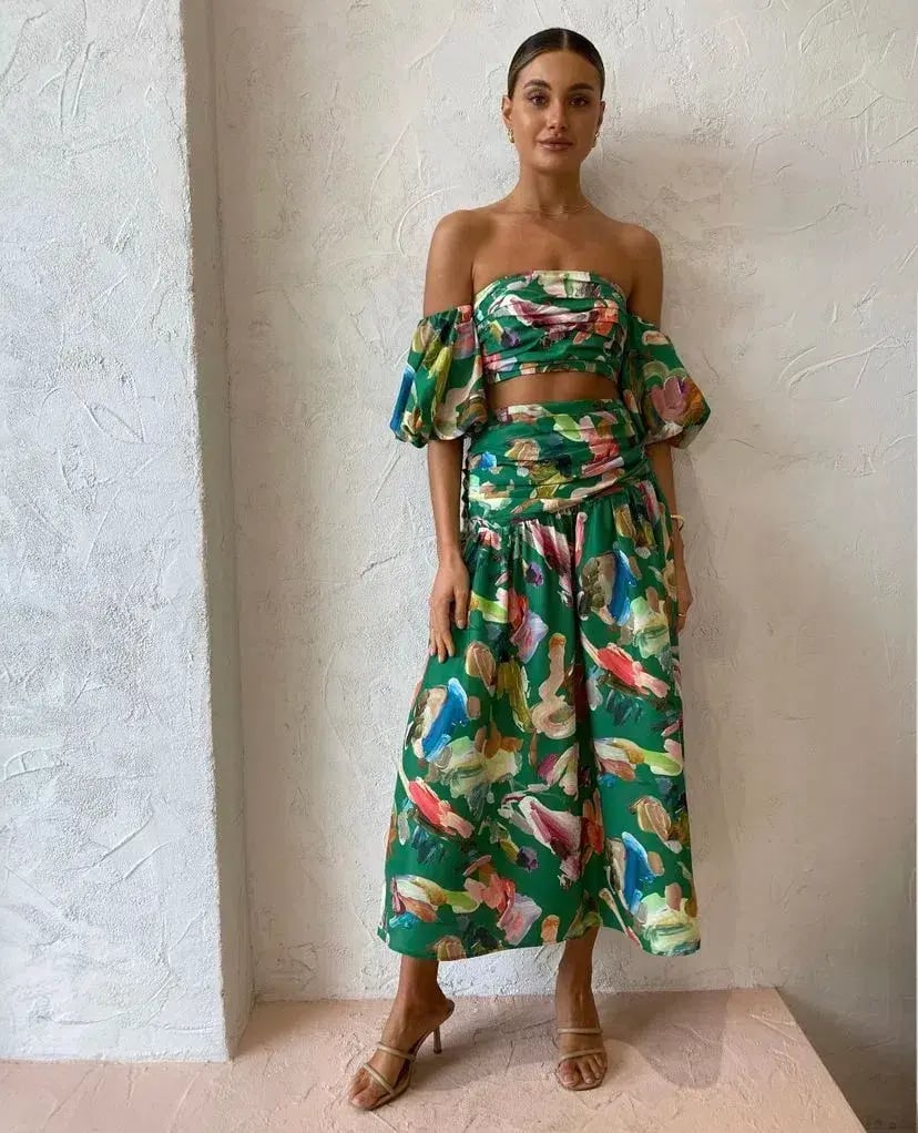 Alemais Arlo Puff Sleeve Crop Top & Midi Skirt Set Green Multi Size 8 photo 4