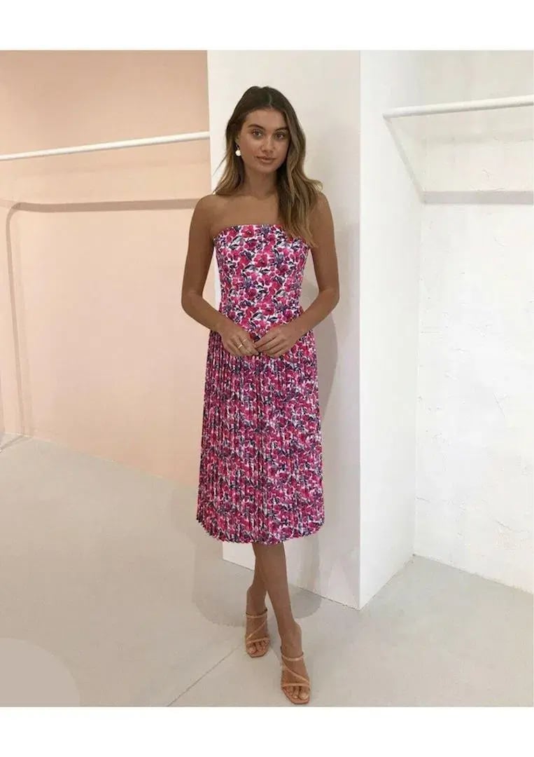 By Johnny Strapless Pleat Midi Dress in Crimson Cotton Candy Floral Size 6 photo 3