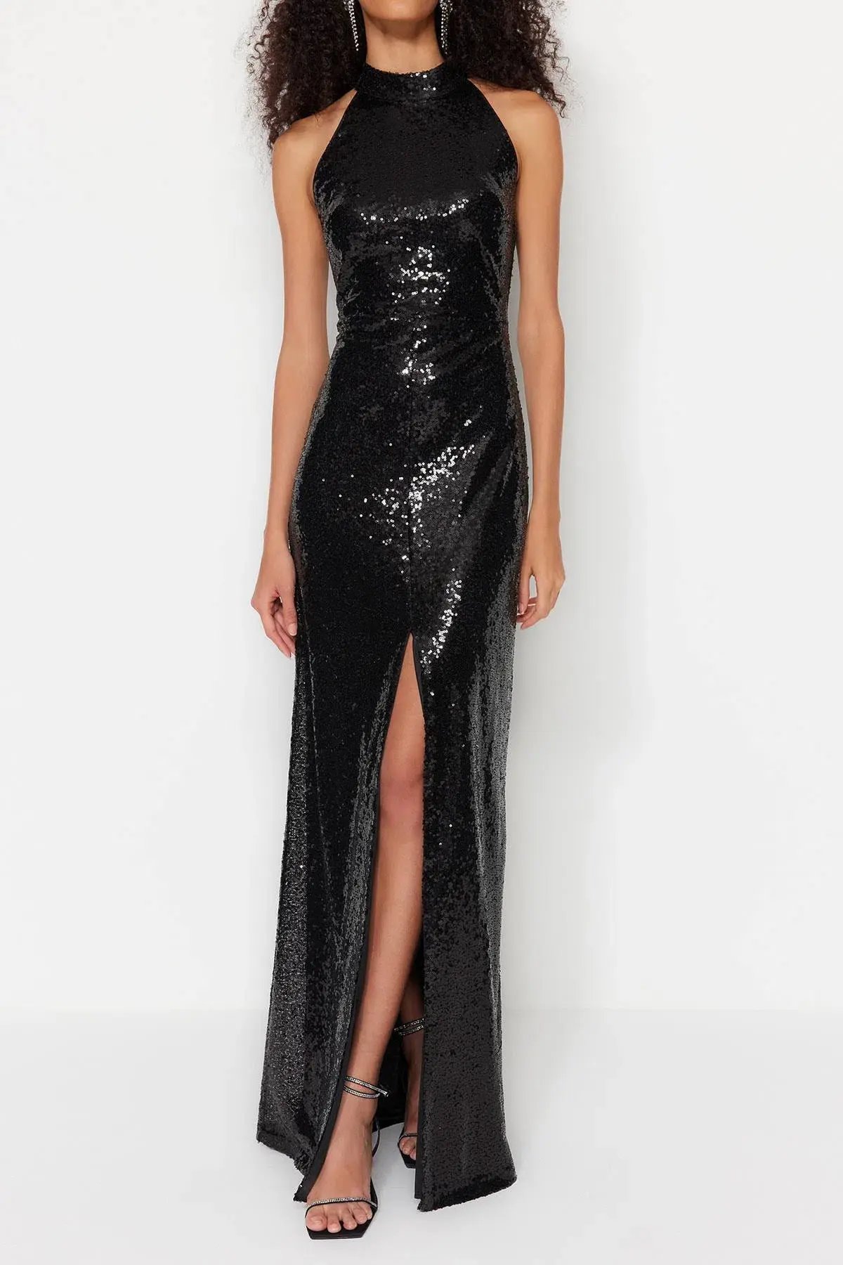 Bariano Black Halter Sequin Gown Size 8 photo 2