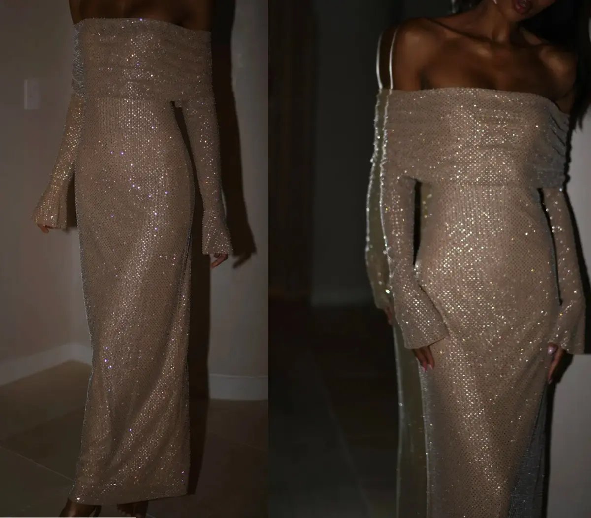 Marcel Off Shoulder Diamante Maxi Dress Nude Size 6/XS photo 2