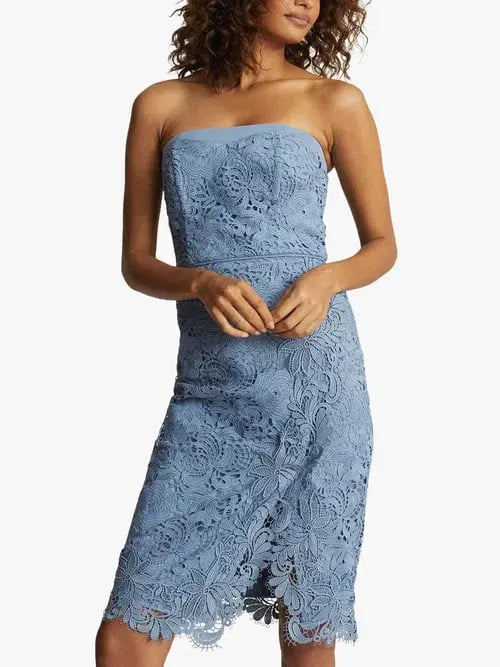 Reiss Finley Lace Bodycon Strapless Dress in Dusty Blue Size 8 photo 3