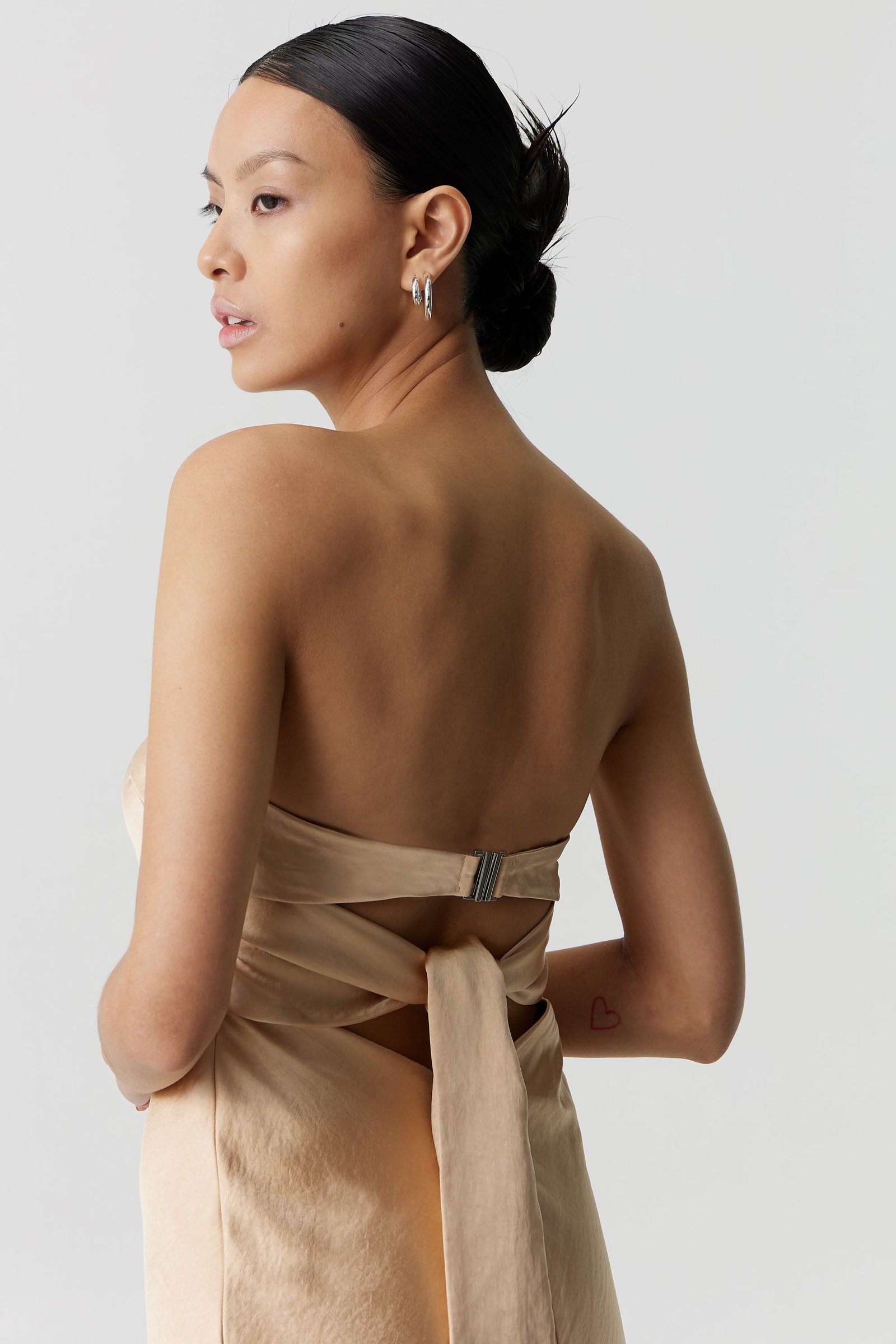 THIRD FORM SATIN TIE BACK STRAPLESS MIDI DRESS - SAND photo 2