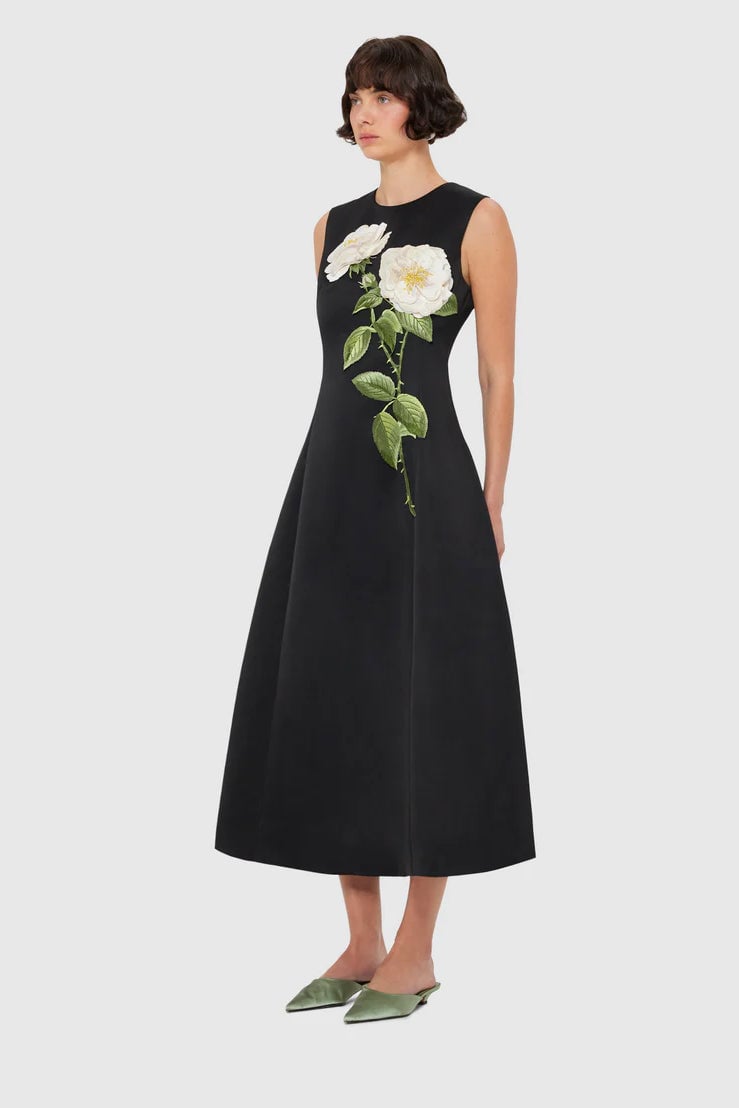 Leo Lin Cleo Embellished Sleeveless Midi Dress - White Rose Print in Black photo 4