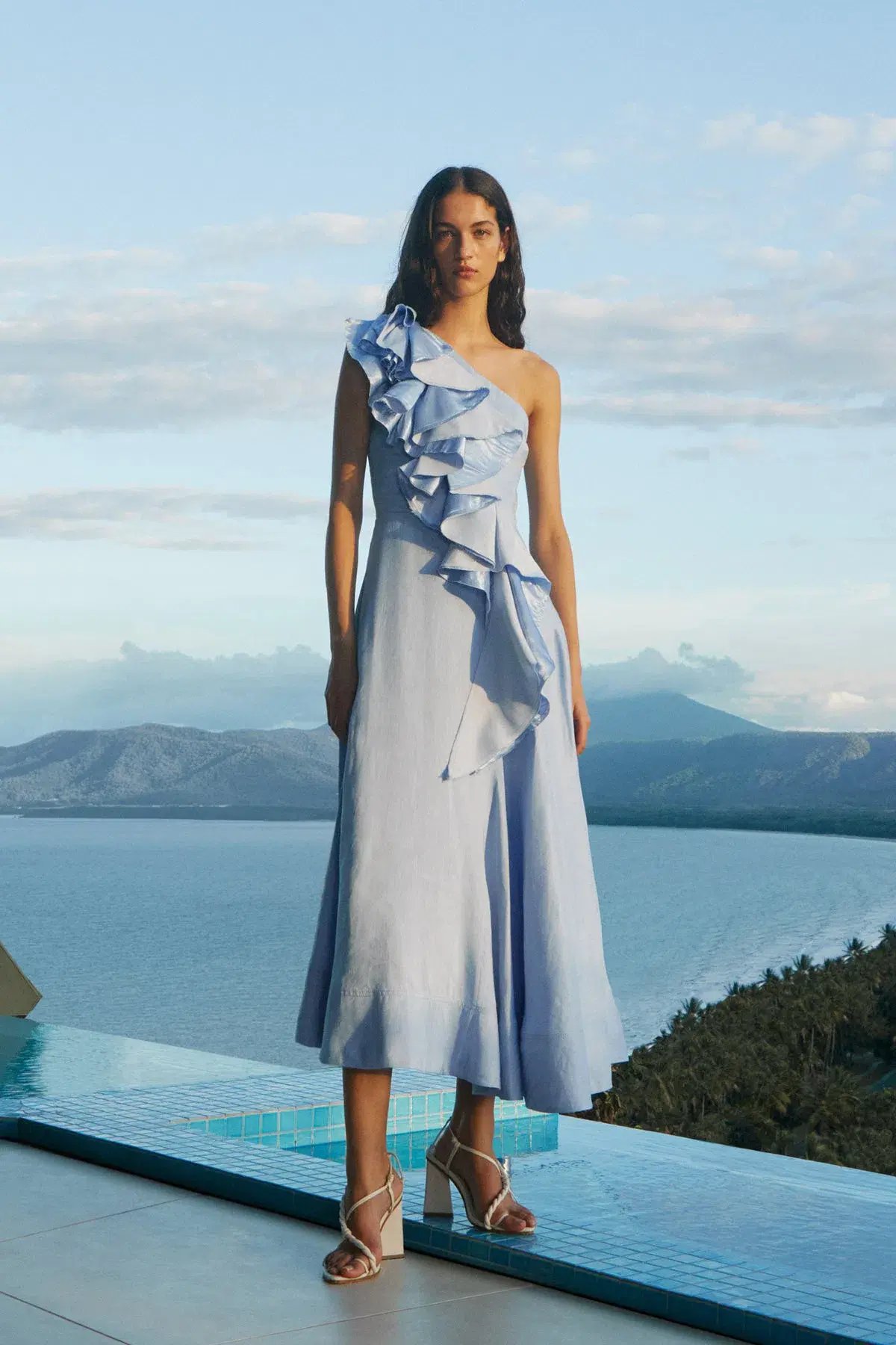 Aje Adelia Ruffle Midi Dress Blue Size AU 8 photo 2