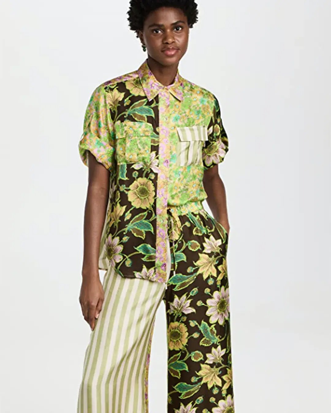 Alemais Winnie Patchwork Spliced Silk Shirt and Pant Set Green Floral Size AU 10 photo 3