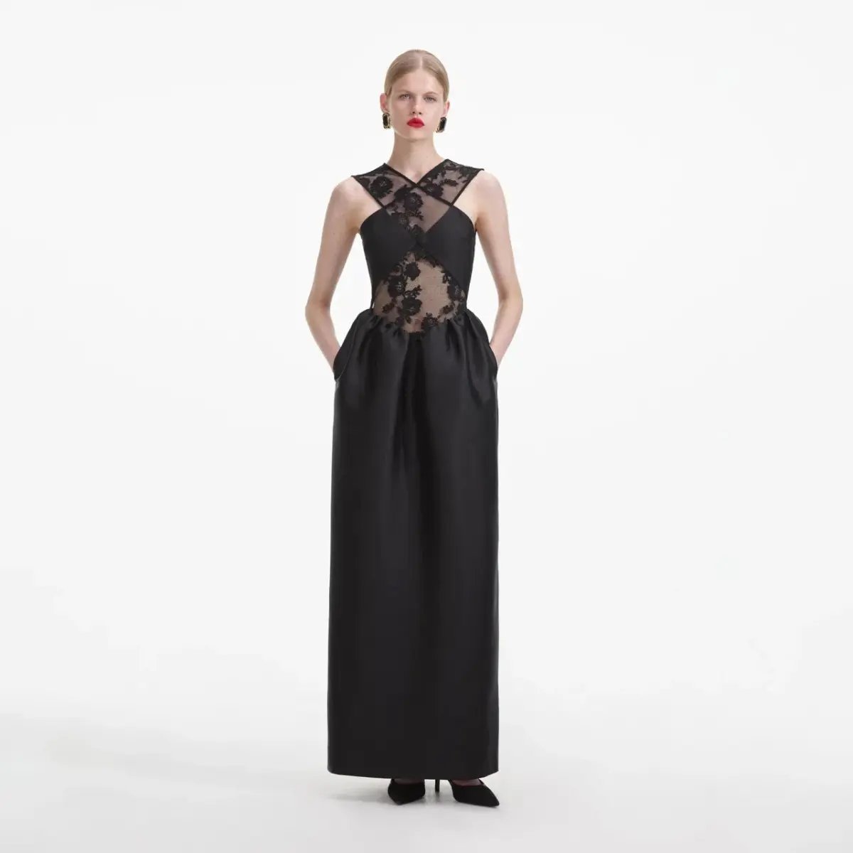 Self-Portrait Lace-trim Taffeta Maxi Dress in Black Size 8 photo 2