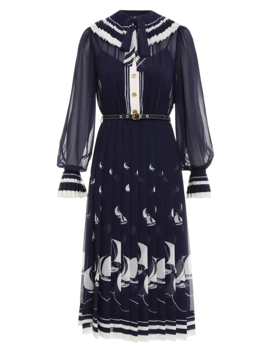 Zimmermann Pleated Tie Neck Midi Dress Moonlight Sailboats Size 0P / AU 6 photo 3