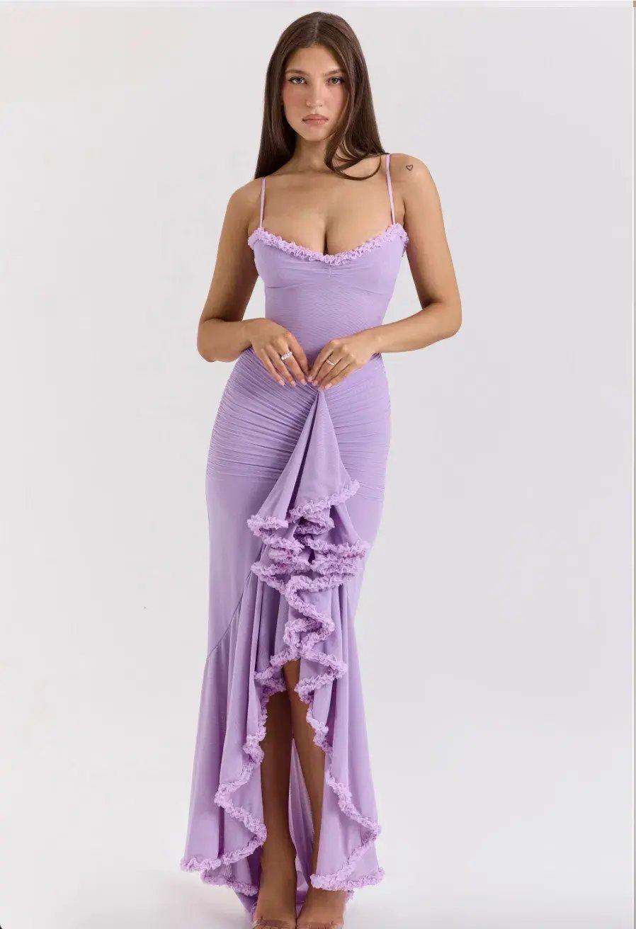 House of CB Gabbi Orchid Mesh Ruffled Front Gown Purple Lilac Size S AU 8 photo 2
