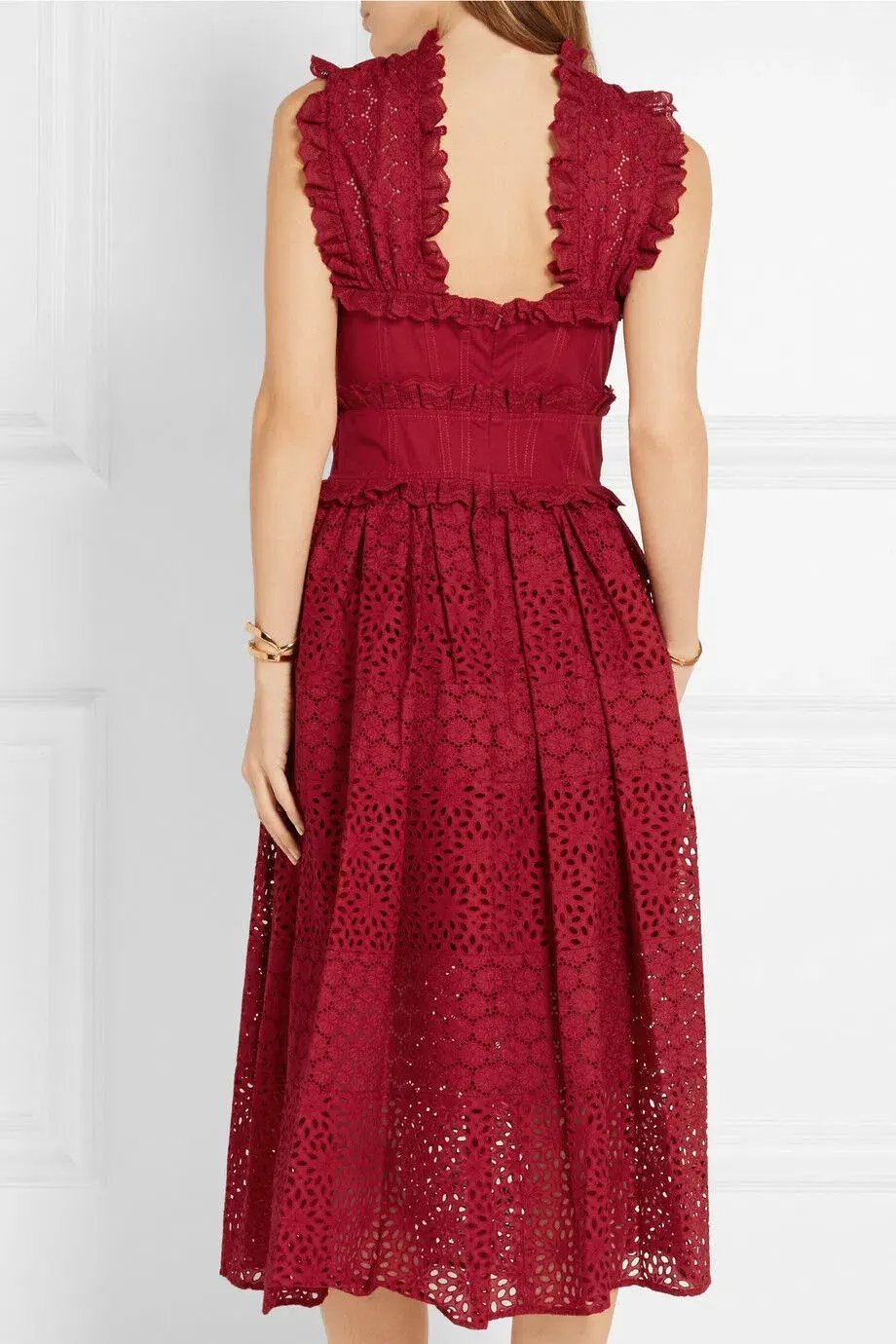 Oscar De La Renta Eyelet Broderie Anglaise Cotton Midi Dress Red Size 8/AU 12 photo 2