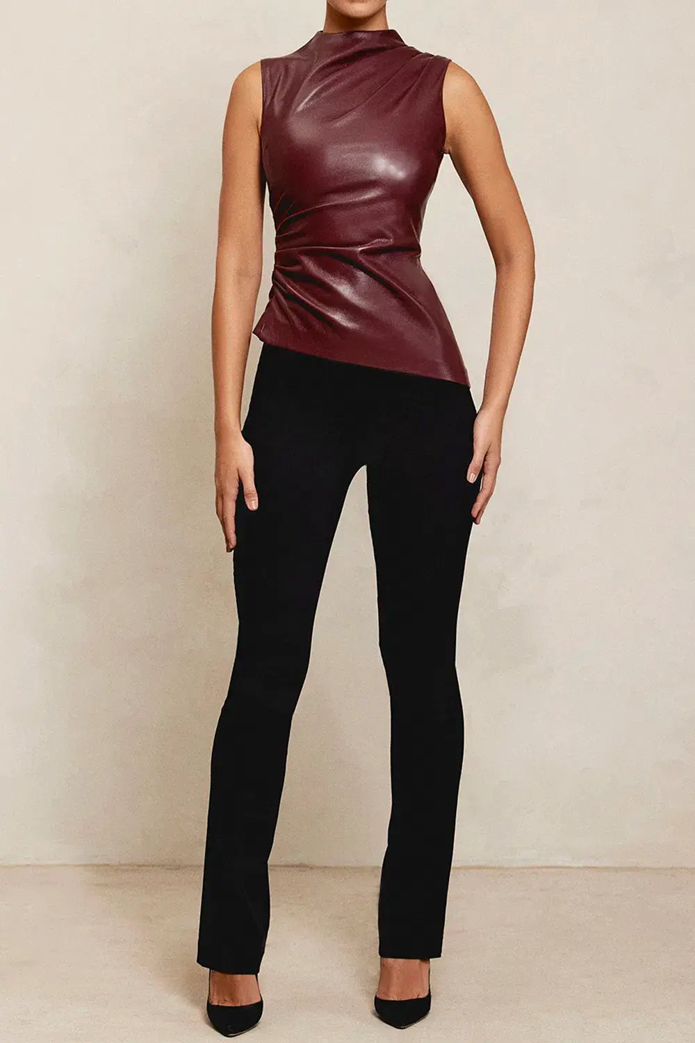 House of CB Allegra Wine Vegan Leather Asymmetric Top Red Size L / AU 12 photo 2