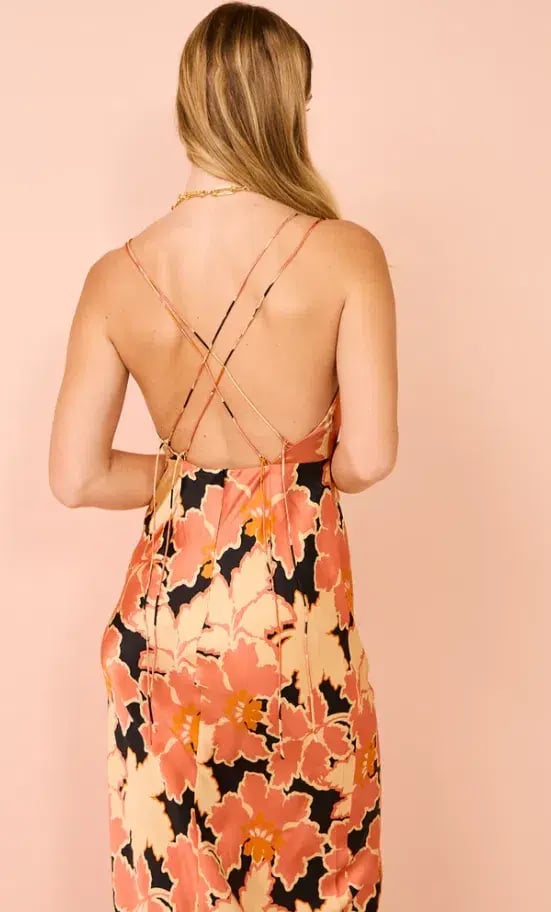Shona Joy Rosa Silk Plunged Double Strap Maxi Dress in Coral Pink/Multi Size 8 photo 3