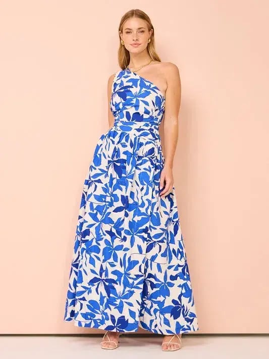 Shona Joy Bleue Asymmetrical Cut Out Maxi Dress Blue Floral Print Size 12 photo 4