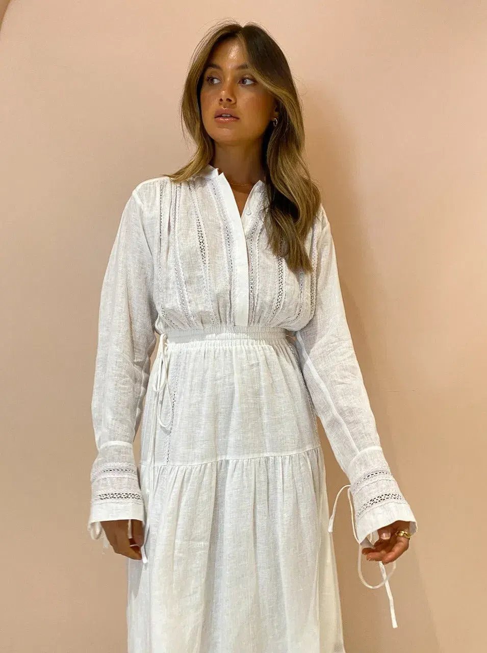 Shona Joy Adriana Linen Long Sleeve Midi Dress in Rice White Size 10 photo 2