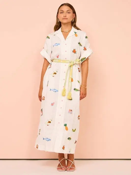 Alemais Blue Marlin Embroidered Dress In Cream Size 12 photo 2