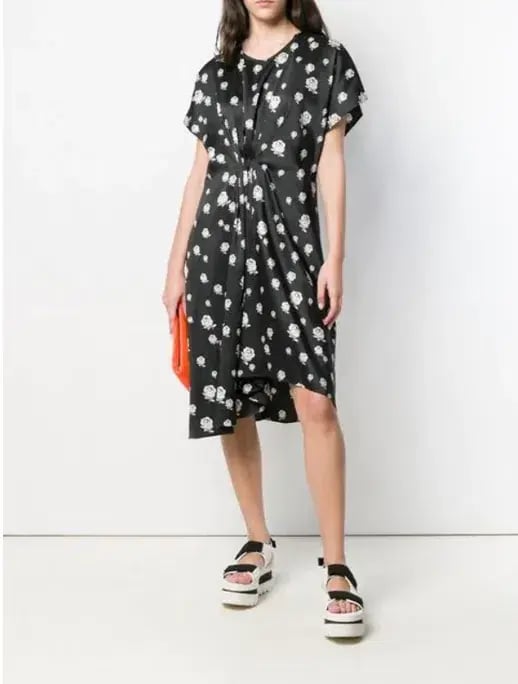Kenzo Gathered Rose-Print Asymmetric Midi Dress Black/White Size 10 photo 3