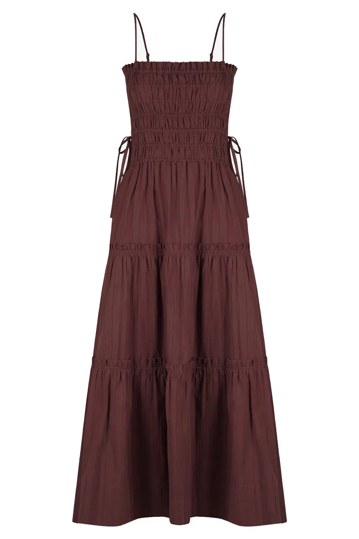 Shona Joy Kaia Shirred Tiered Midi Dress Chocolate Brown Size 14 photo 3