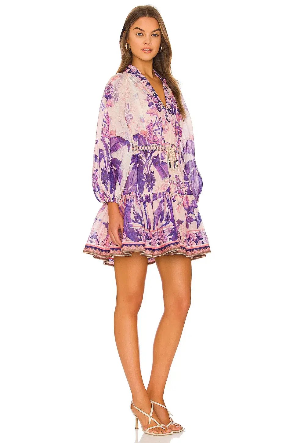 Zimmermann Lyre Billow Mini Dress in Purple Palm Print Size 0 / Au 8 photo 2