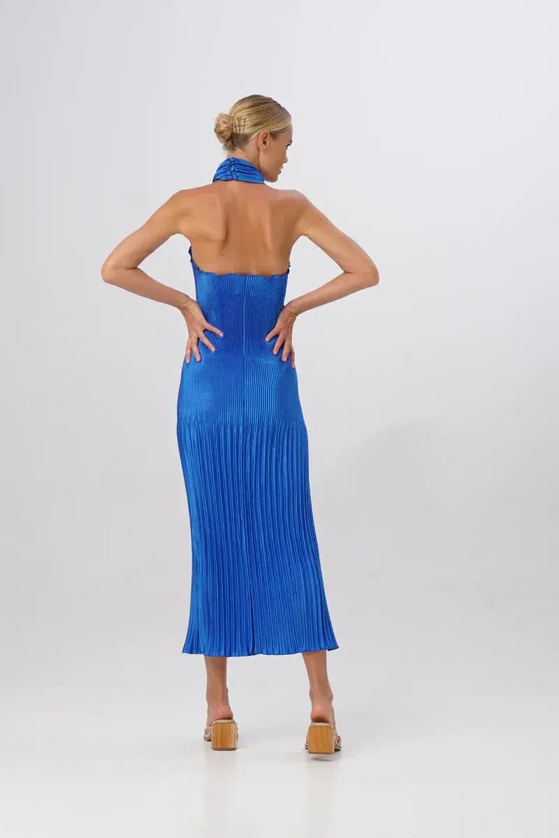 L'Idee The Soirée Pleated Halter Gown MOROCCAN Blue Size 8 photo 4