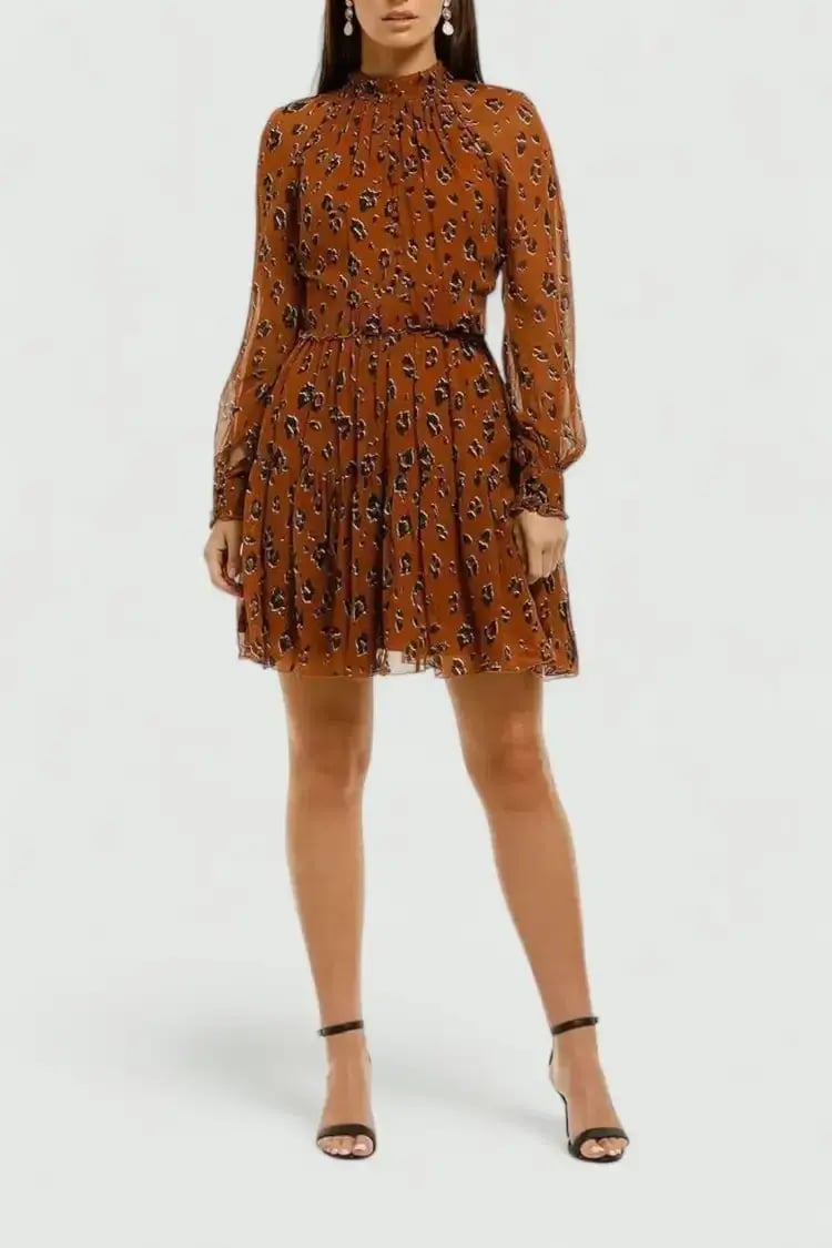 Nicholas High Neck Button Mini Dress in Tobacco Multi Size 8 photo 2