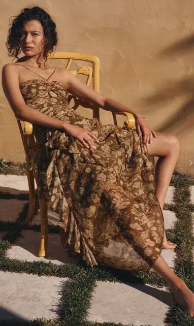 Shona Joy Rosaline Keyhole Frill Maxi Dress in Cumin Multi Size 6 photo 4