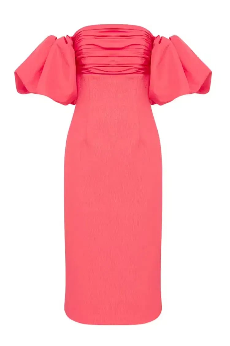 REBECCA VALLANCE CAITLIN OFF THE SHOULDER MIDI DRESS CORAL PINK SIZE 8 photo 5