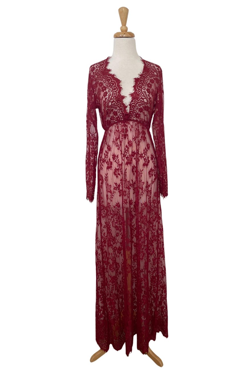 Mama Rentals Katherine Sheer Lace Maxi Dress - Burgundy photo 5