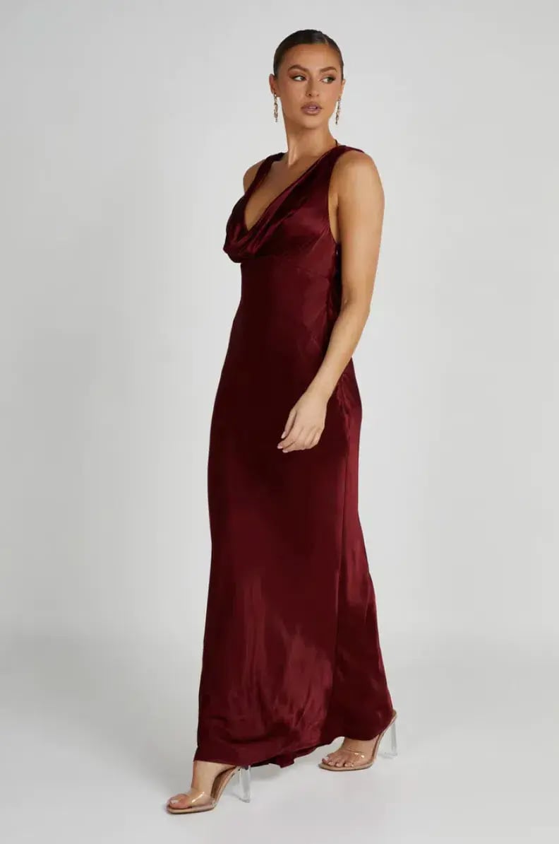 MESHKI Angelique Satin Cowl Back Maxi Dress Berry in Size S / AU 8 photo 6
