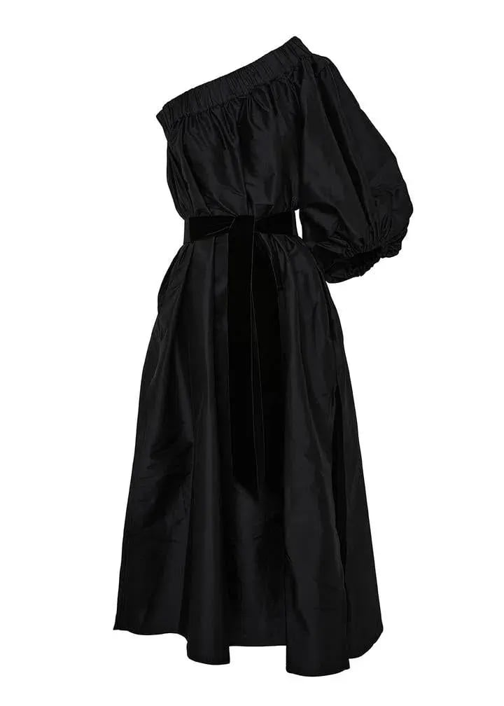 BLACK ArtClub by Heidi Middleton One Shoulder Silk Aster Midi Dress Black Size OS photo 3