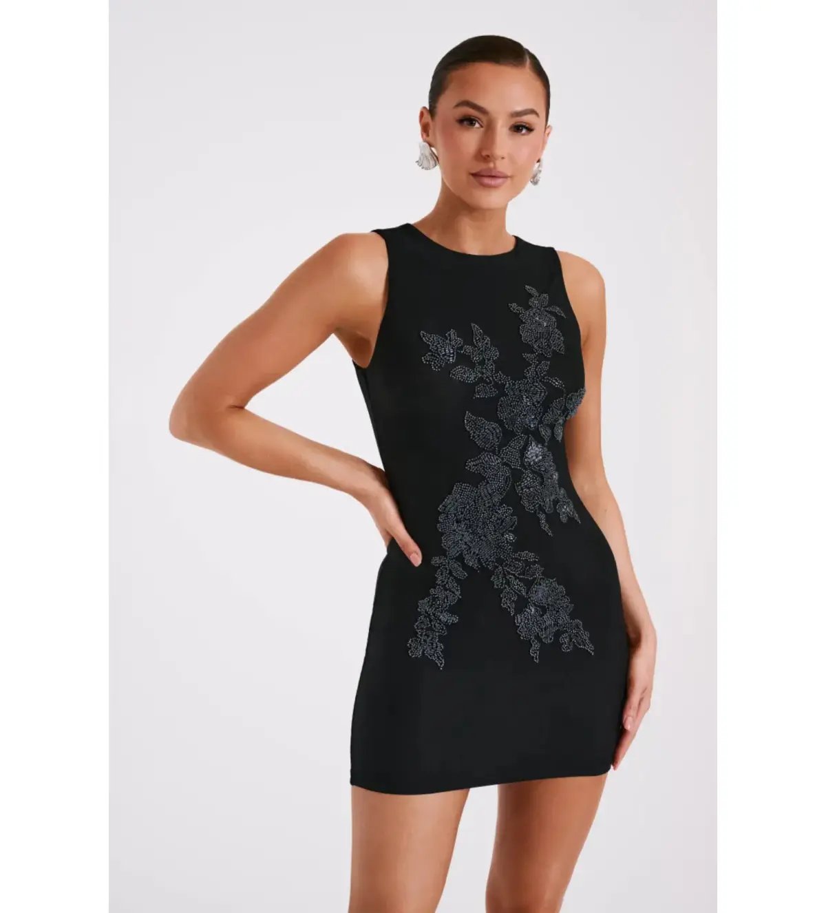 Meshki Liliana Beaded Flower Mesh Mini Dress in Black Size AU 4 photo 2