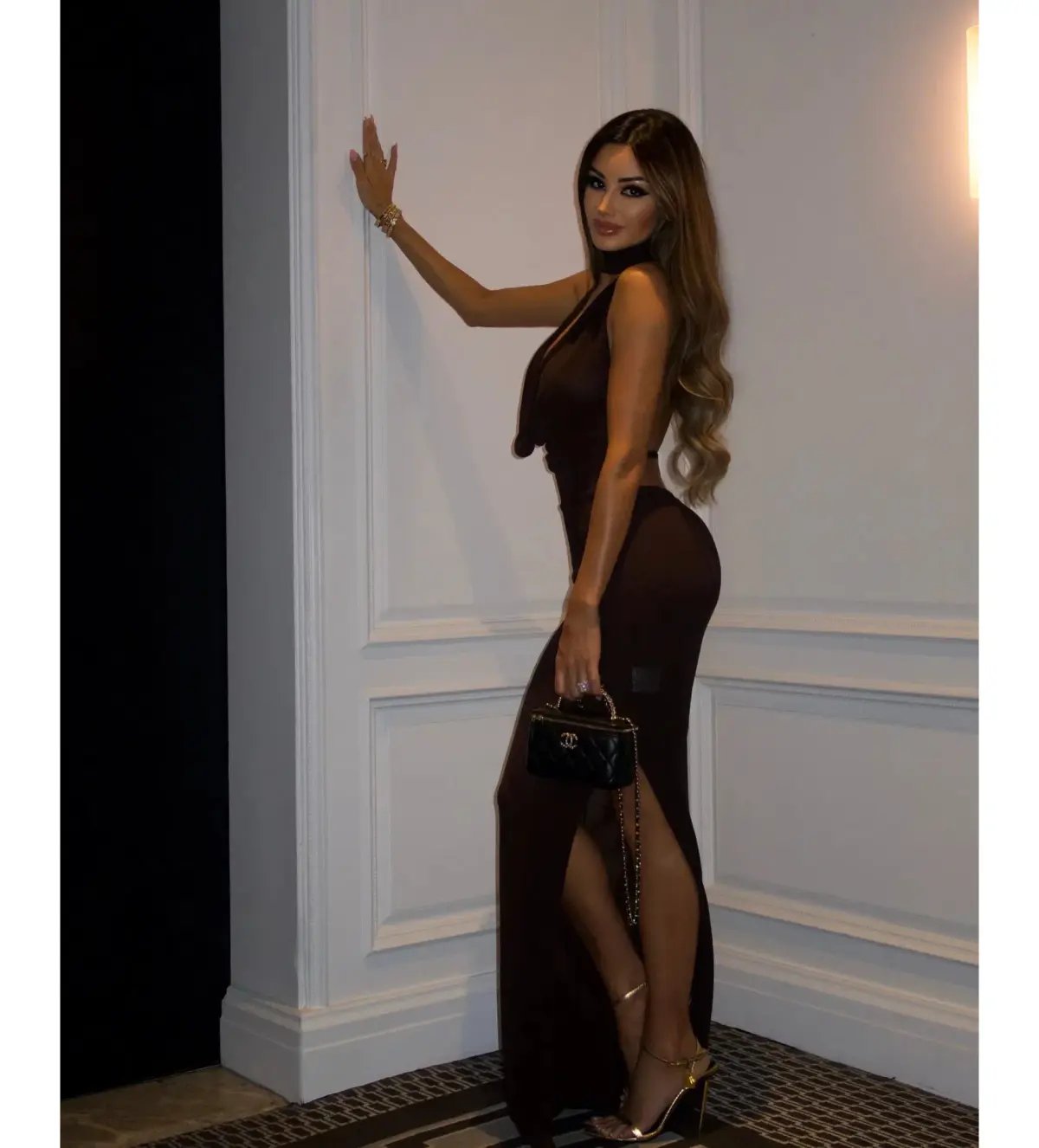 Aya Muse Halter Neck Draped - Elegant Open Back Maxi Dress Brown Size AU 6 photo 3