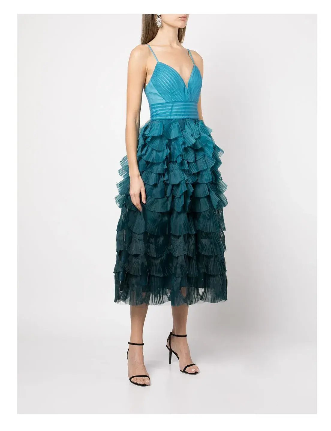 Marchesa Notte Gradient Ruffled Midi Dress Blue Size 8 photo 2