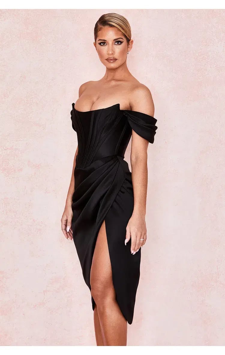 House of Cb Loretta Satin Off Shoulder Dress Black Size XS / Au 6 photo 5