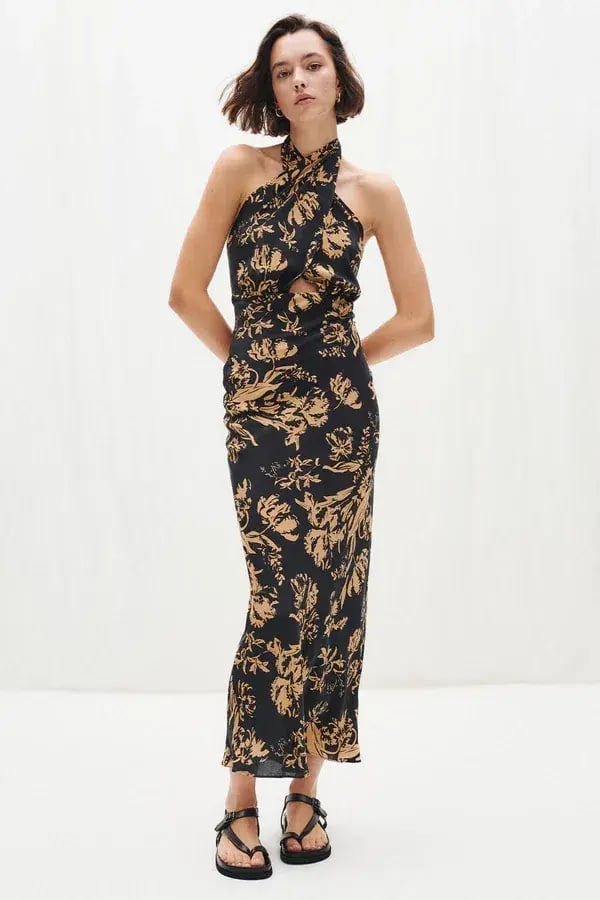 Shona Joy Dawn Silk Cross Front Halter Bias Midi Dress Floral Size 8 photo 6