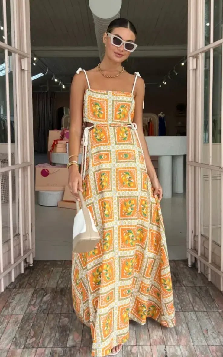 By Nicola Lemonade Tie Maxi Dress in Orange Mosaic Size AU 10 photo 3