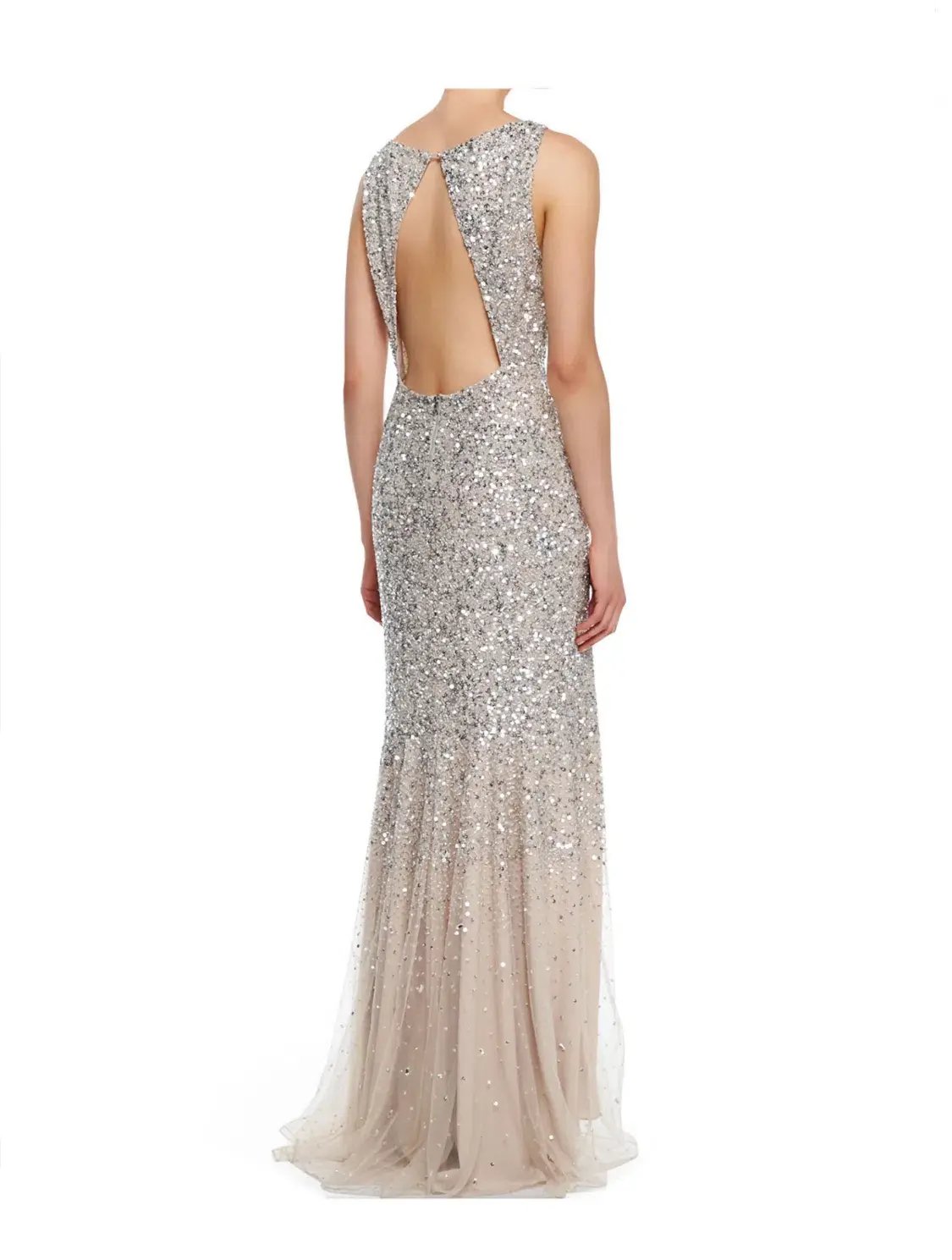 Alice + Olivia Saba Sleeveless Beaded Mesh Gown Silver Sequins on Nude Lining Size AU 4 photo 2