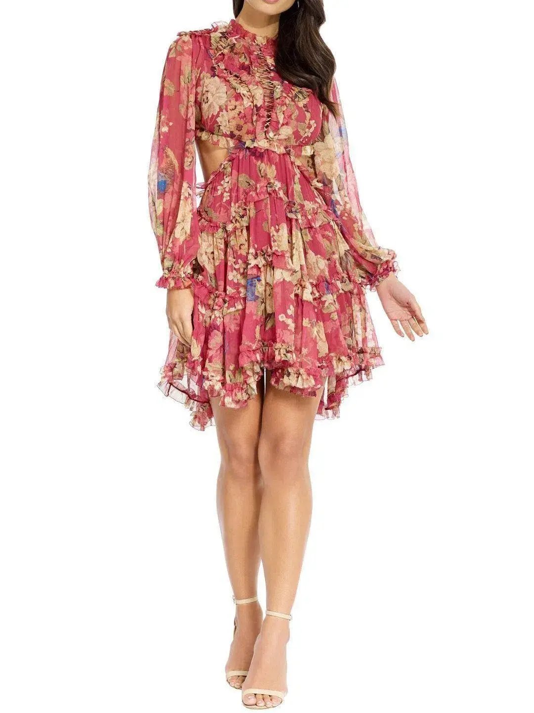 Zimmermann Melody Lace Up Short Dress Burgundy/Floral Size 6 photo 4