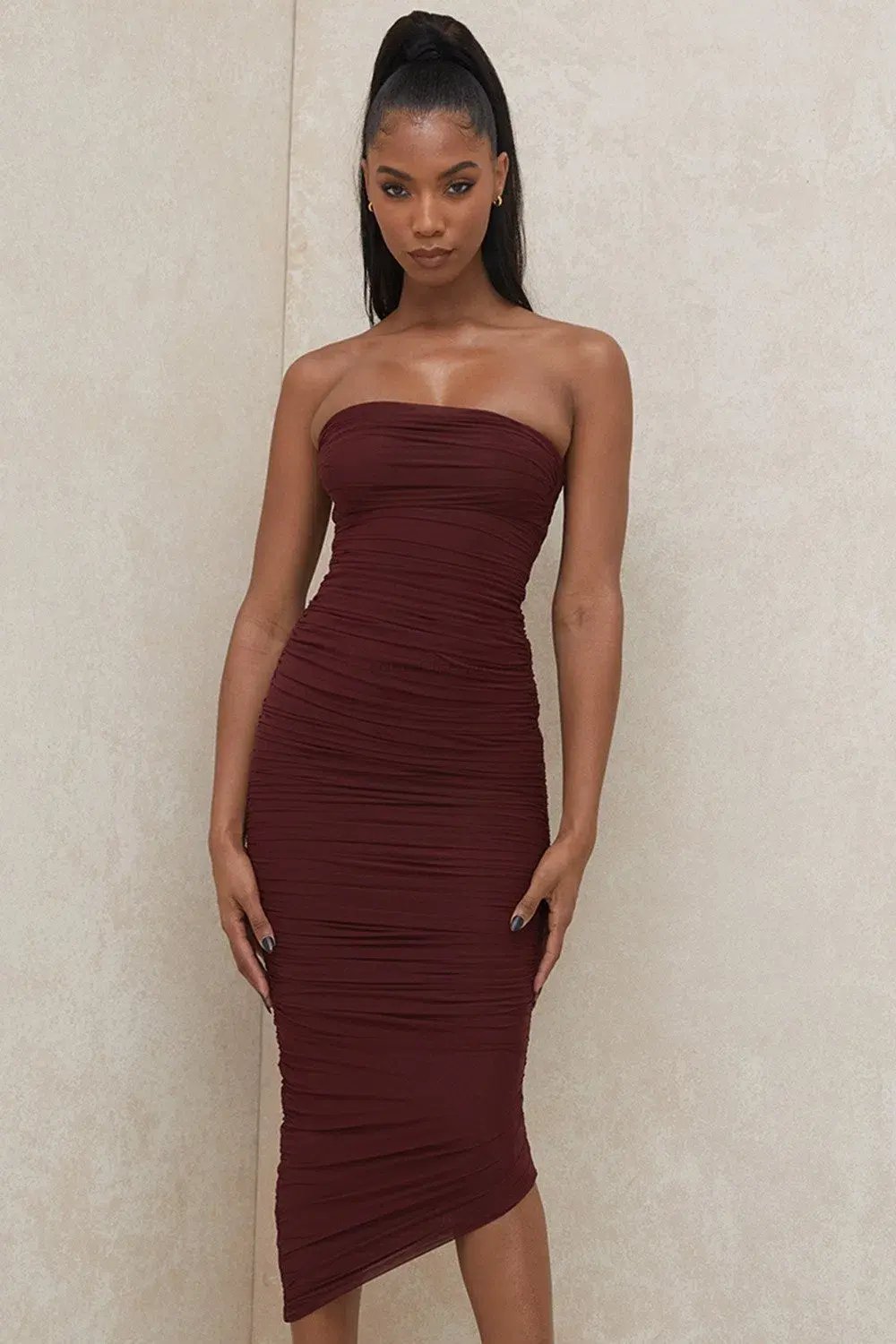 House of CB Sasha Strapless Ruched Midi Dress Brown Size 6 photo 2