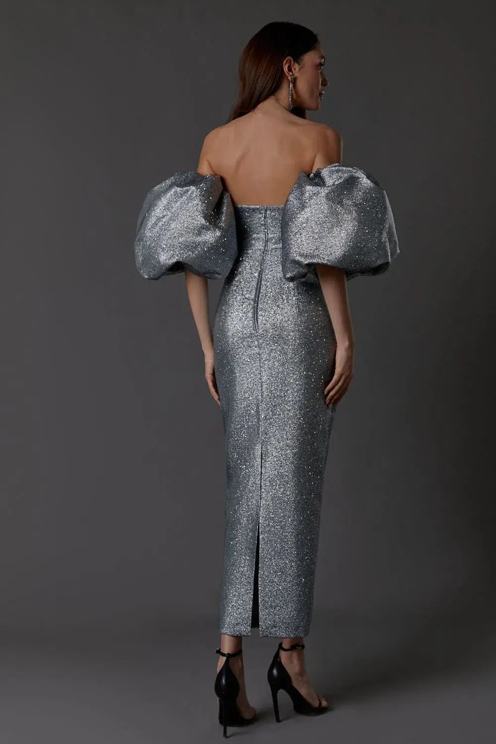 LN Family Midi Dress with Puff Sleeves Silver Size 6 photo 5