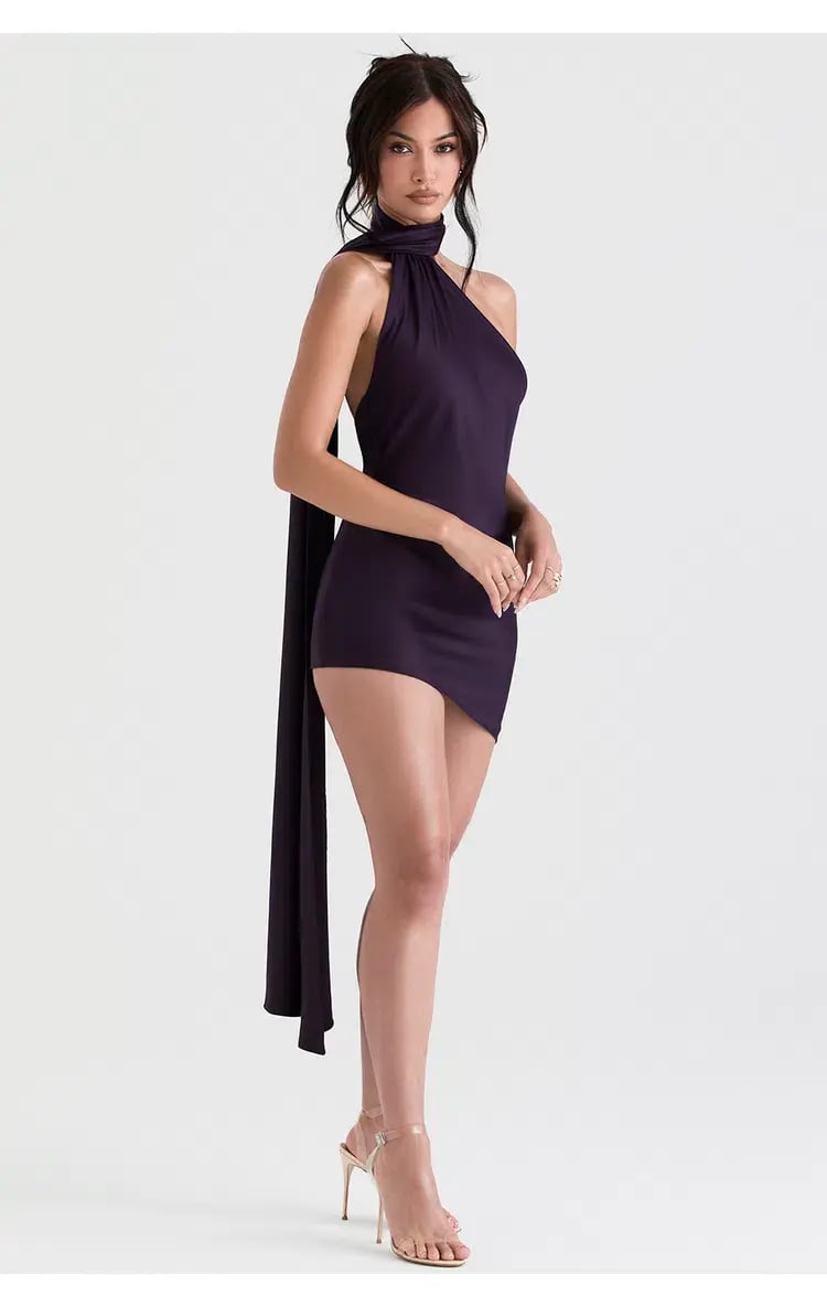 House of CB Aida Asymmetric Satin Wrap Neck Mini Dress Nightshade Size XS / Au 6 photo 5