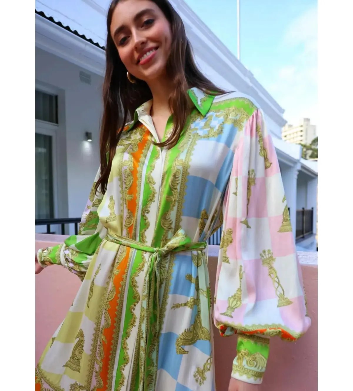 Alemais Checkmate Silk Midi Shirtdress Multi Print Size AU 10 photo 8