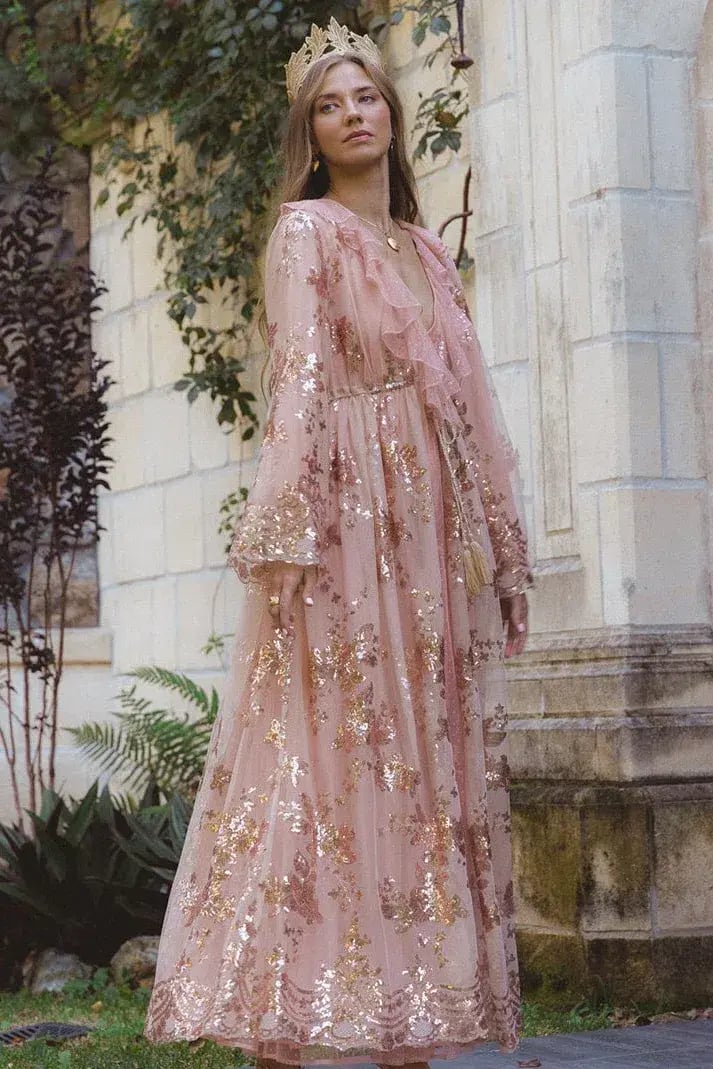 Coven & Co Maternity Melody Sequin Duster Gown Rose Gold Size 12 photo 3