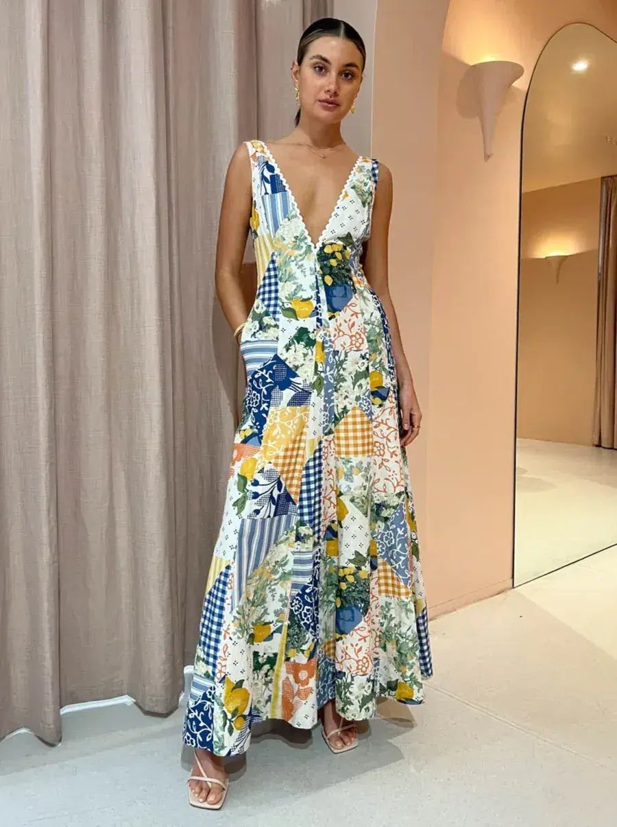 By Nicola Wavy Maxi Dress in Lemon Patchwork Multi-Colored Size AU 10 photo 2