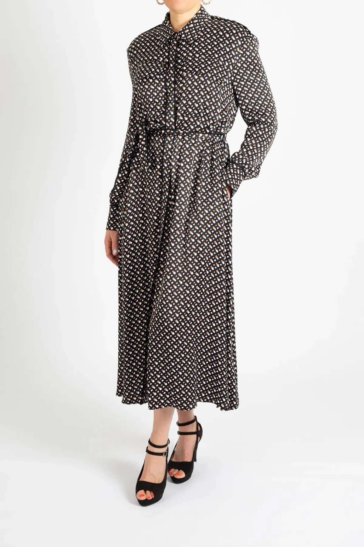 Hugo Boss Long-Sleeved Shirt Dress in Monogram-Print Fabric Patterned Size 10 photo 2