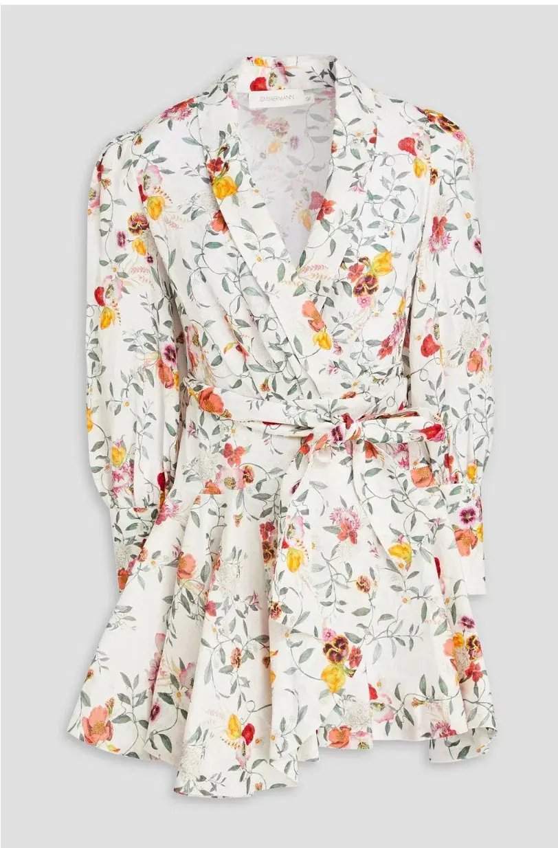 Zimmerman Pleated Linen Mini Wrap Dress Floral Print Size 1 / AU 10 photo 3