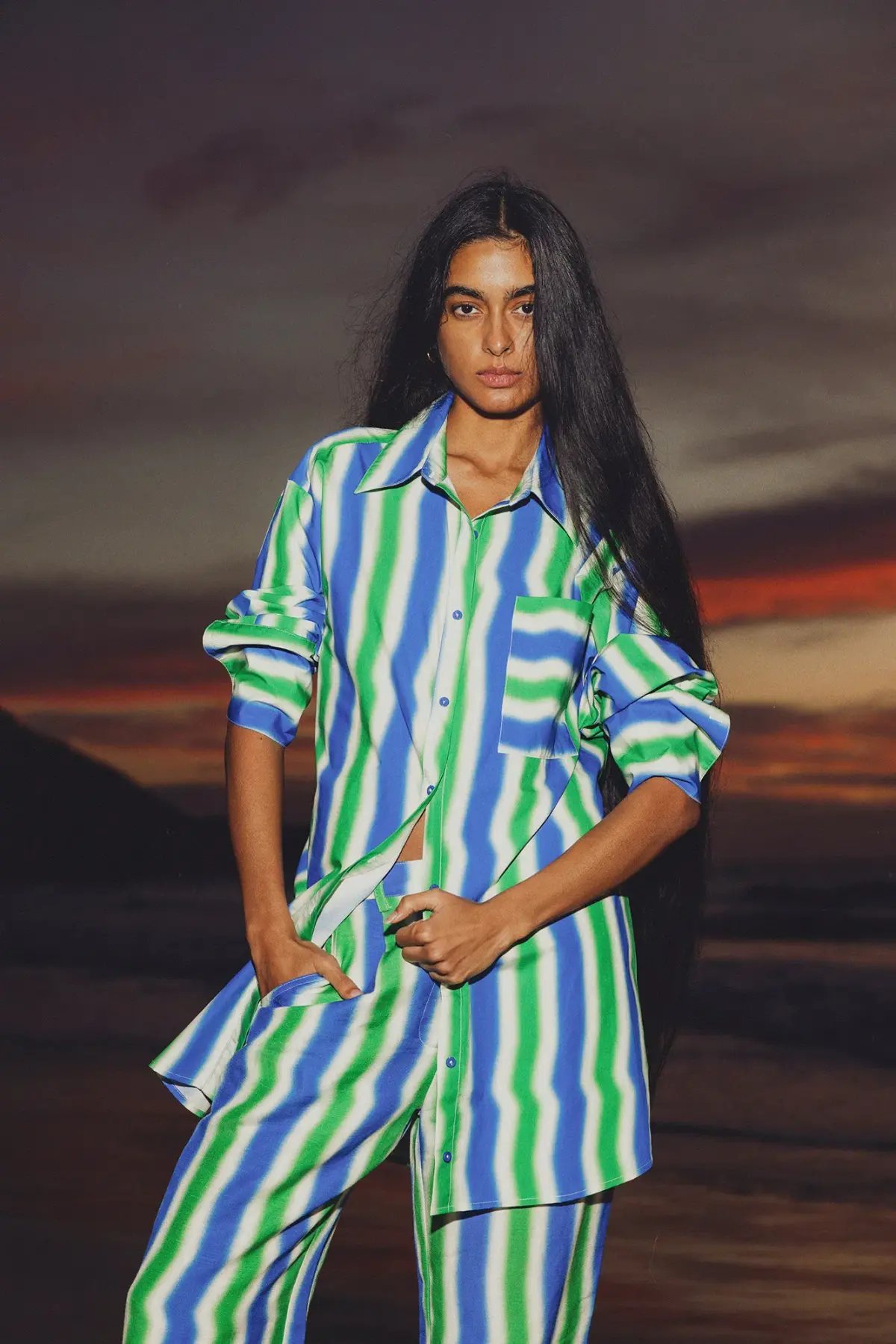The Wolf Gang Waikiki Shirt Dress and Pant Set Cobalt Zigzag Size 8 photo 2